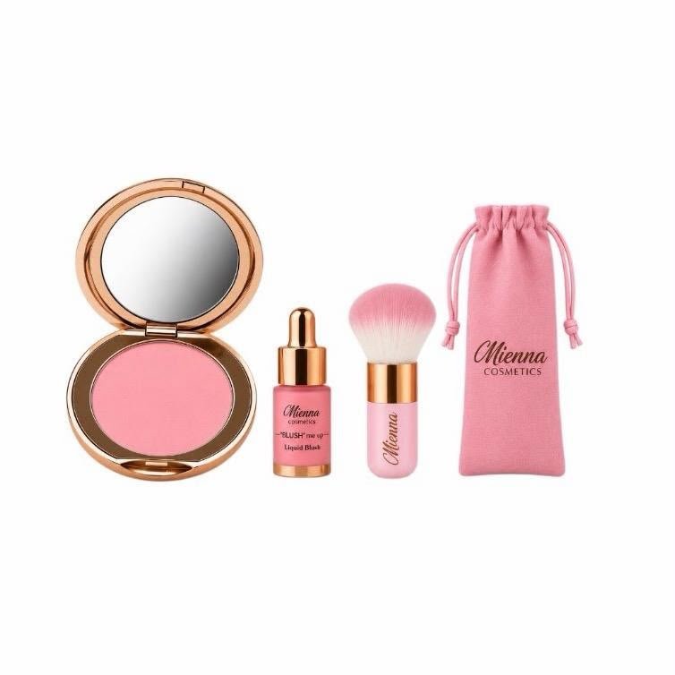 Mienna Blush Me Up Duo - Bundle Makeup Cosmetic Powder & Liquid Blush, With Brush And Bag - Mienna cosmetics Ltd